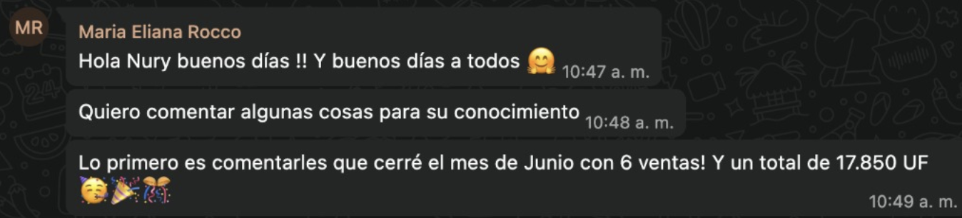 Mensaje de un agente inmobiliario compartiendo resultados de captación