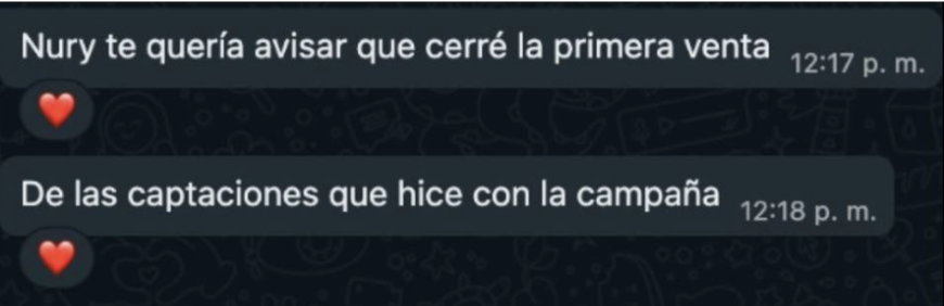 Mensaje de un agente inmobiliario compartiendo resultados de captación