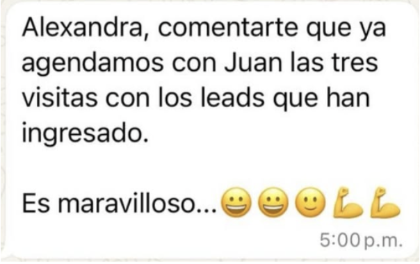 Mensaje de un agente inmobiliario compartiendo resultados de captación