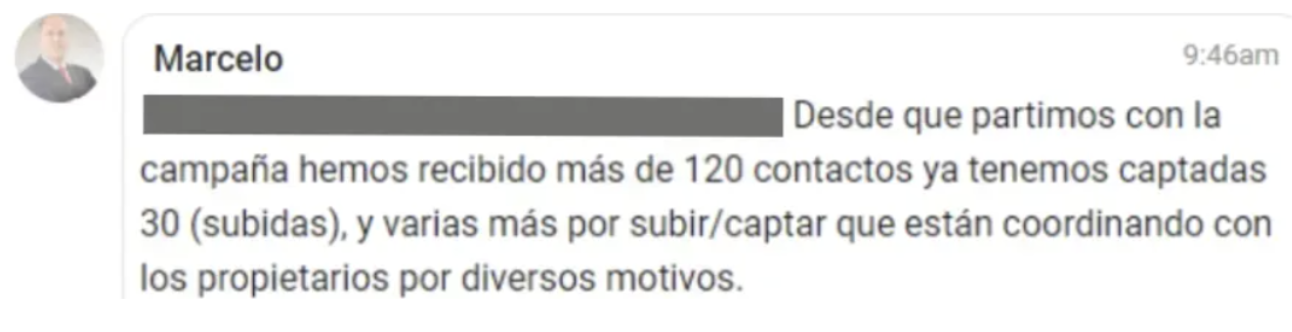 Mensaje de un agente inmobiliario compartiendo resultados de captación