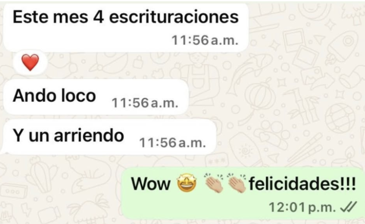 Mensaje de un agente inmobiliario compartiendo resultados de captación
