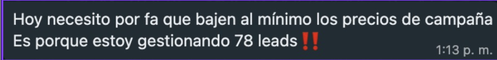 Mensaje de un agente inmobiliario compartiendo resultados de captación