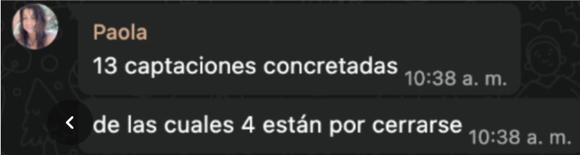 Mensaje de un agente inmobiliario compartiendo resultados de captación